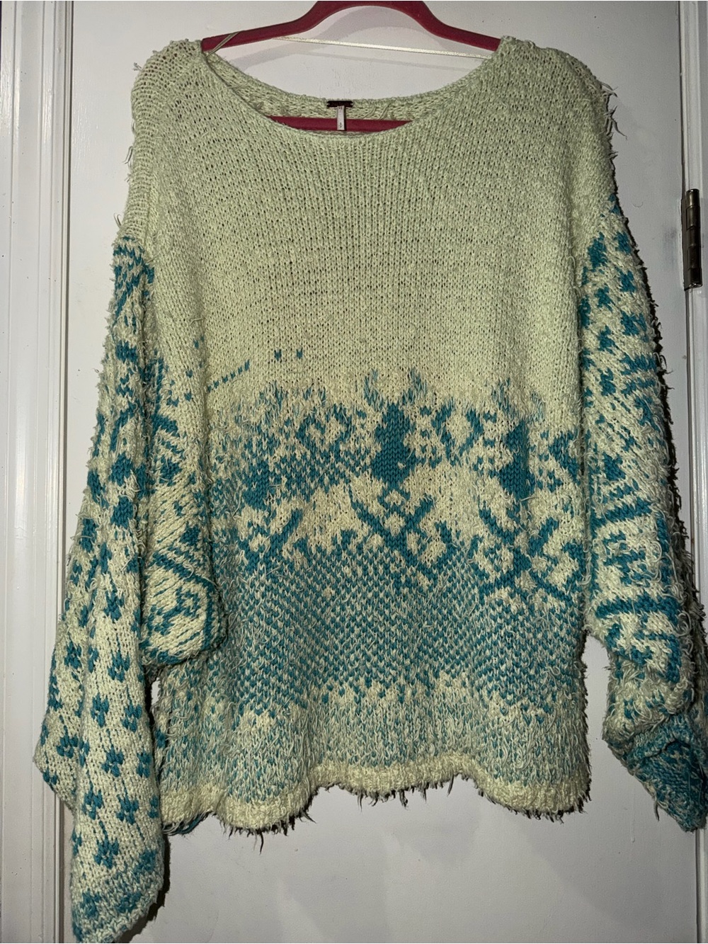 Free People Cream and Teal Patterned Crewneck Sweater